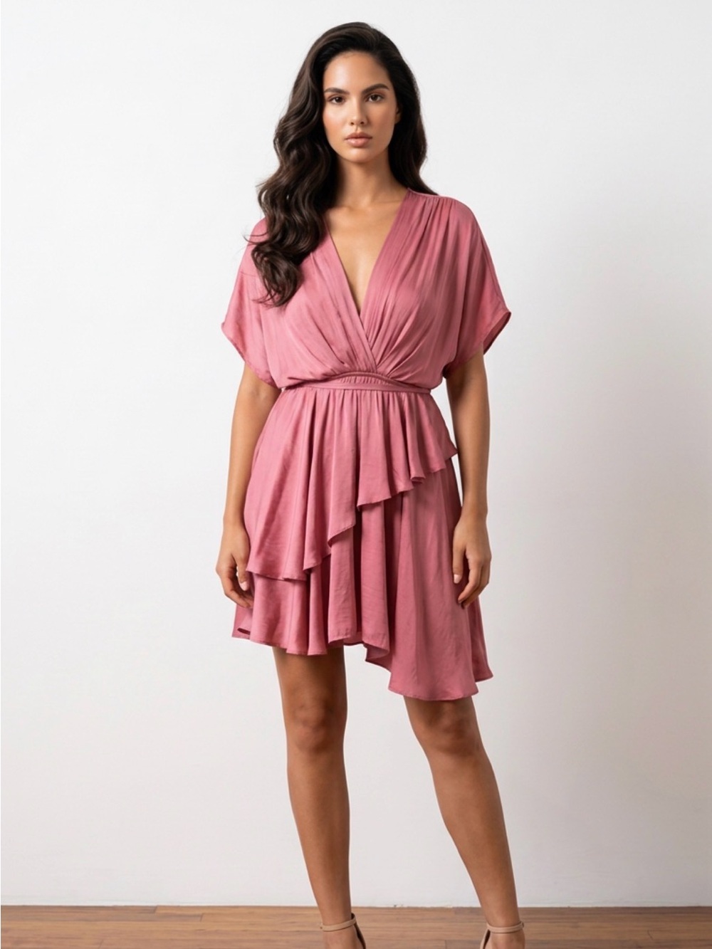 Petal & Pup V-Neck Dark Blush Ruffled Mini Dress